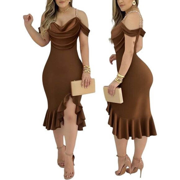 Women's Sexy Bodycon Brown Dress Off Shoulder Pearl Strap Midi Ruffle Cocktail - Picture 3 of 3